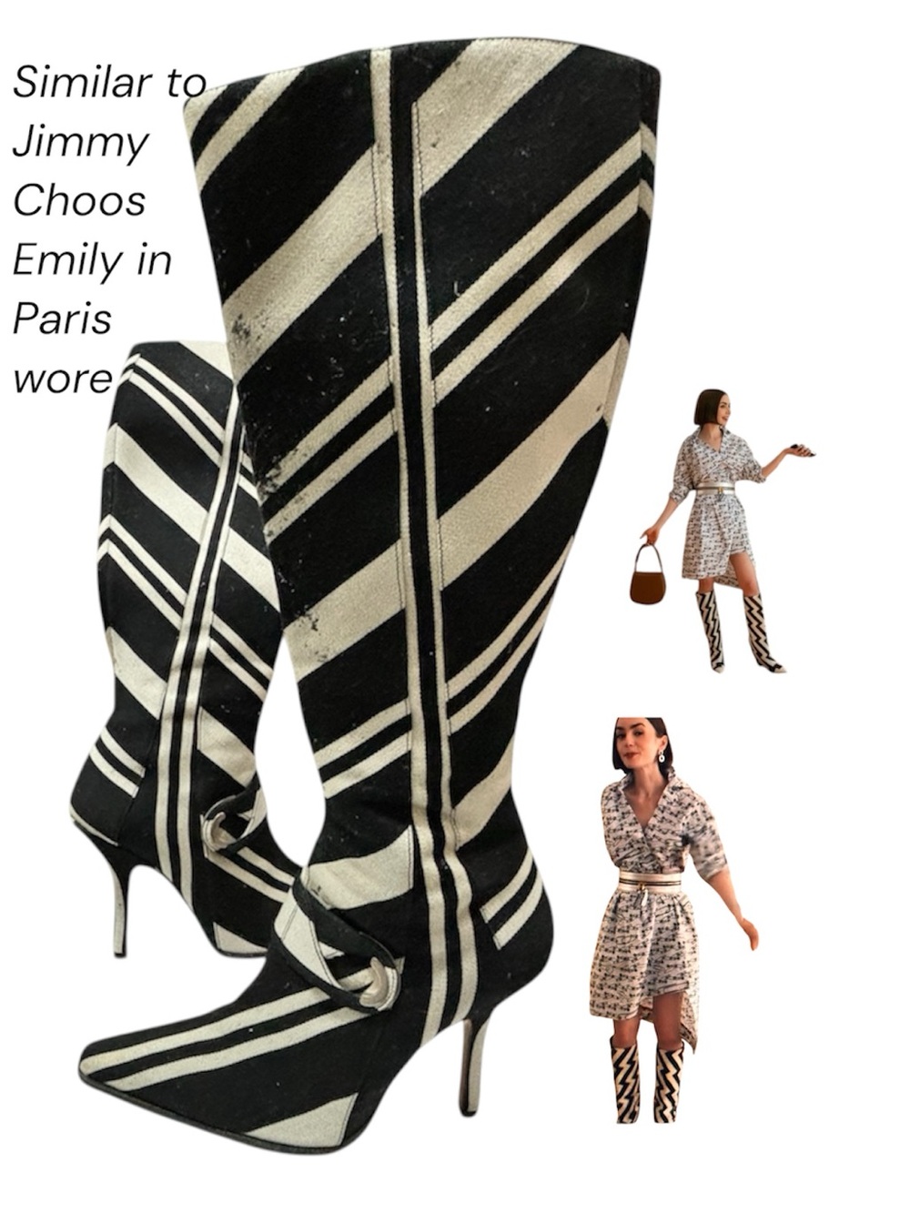Vintage EXTÉ Italy Sexy Knee high Leather Stiletto Boots Black/White Chevron Y2K